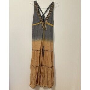 Lulumari Womens M Sleeveless Halter Beaded Embroidered Dress Ombre Tiered Boho